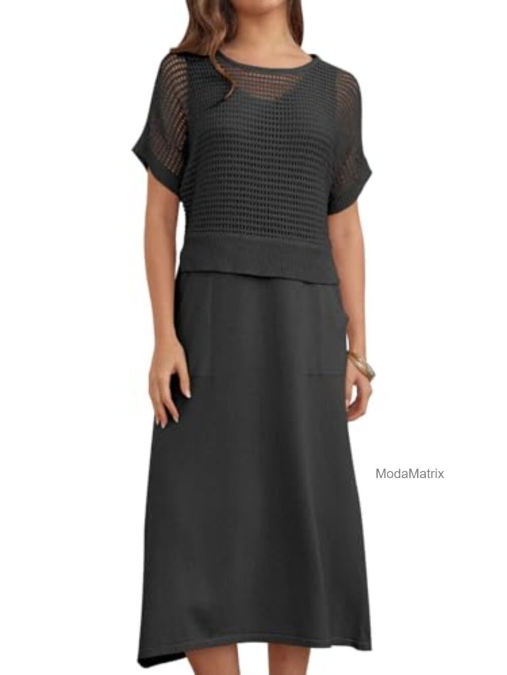 Crochet Two Piece Skirt Set, Sleeveless Midi Dress & Short Sleeve Top, Viscose